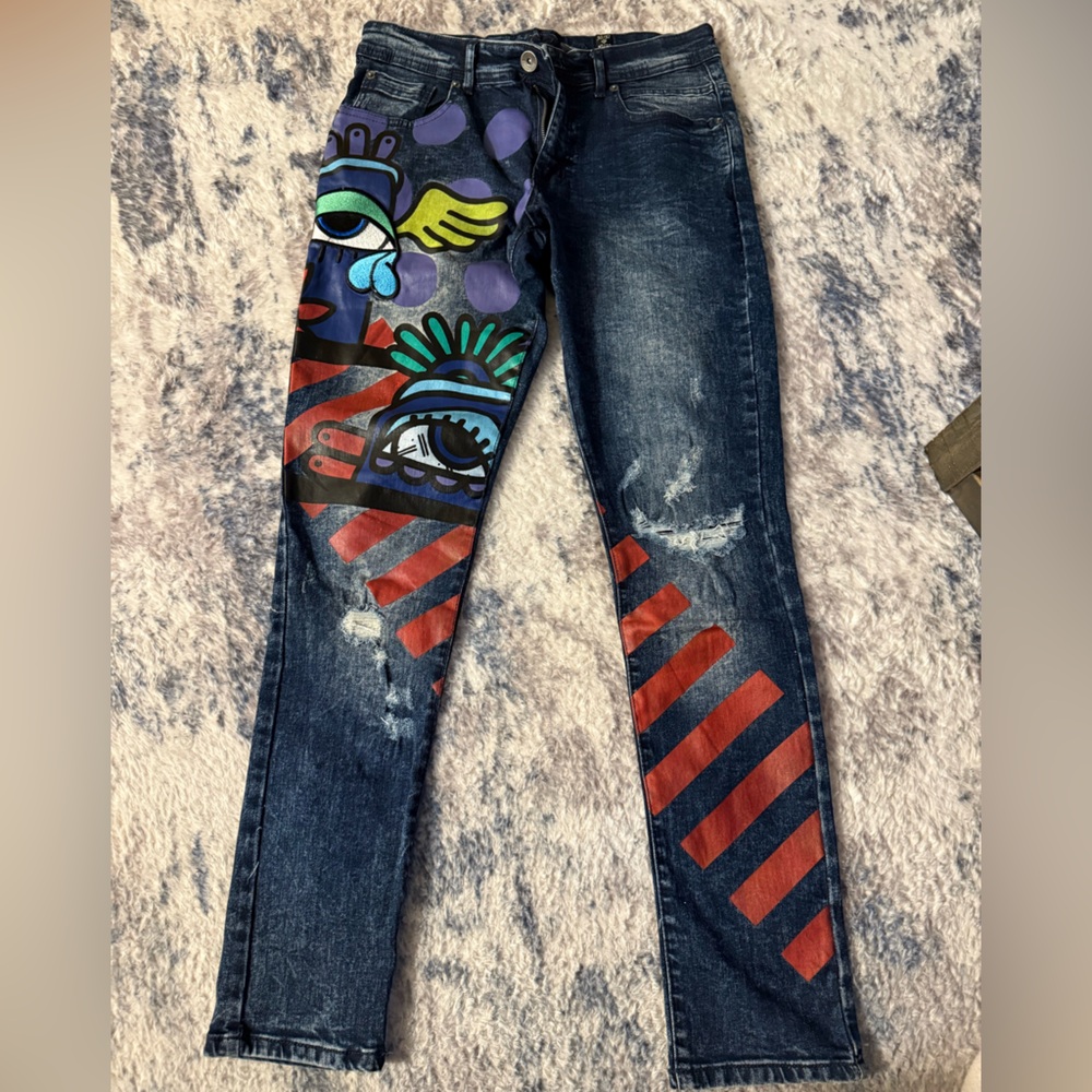 Stylish Blue and Red Graphic Man Jeans